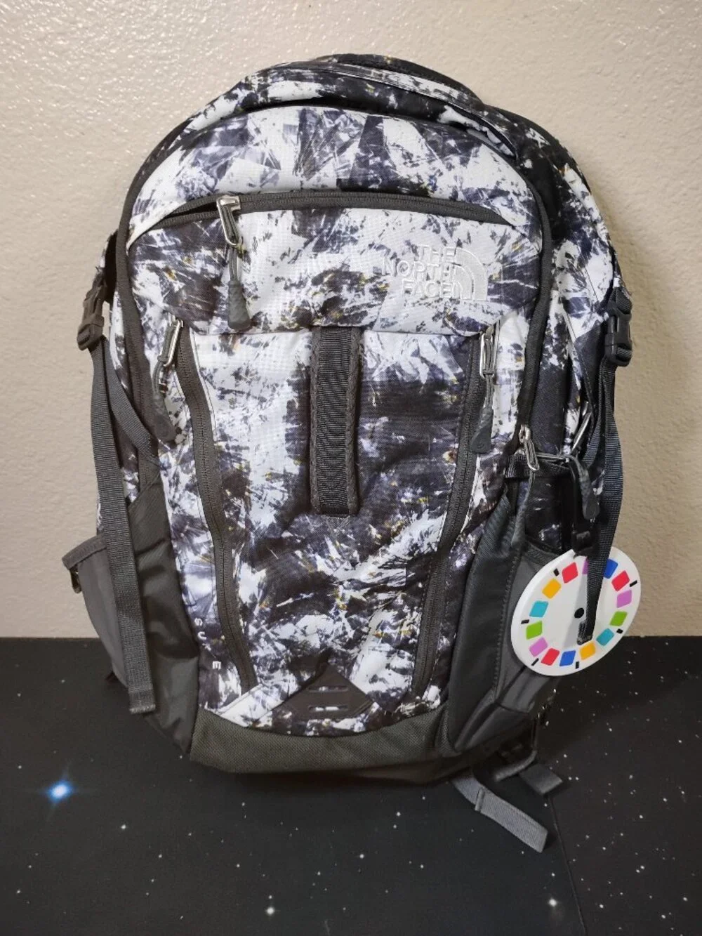The North Face Surge Backpack Black White Geo Print FlexVent School Travel Tech